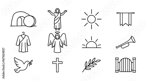 Easter symbols: jesus, angel, tomb, dove, cross in minimalistic black line art