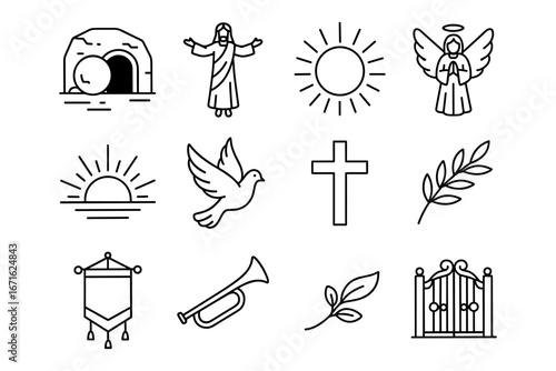 Easter and christian symbols: line art collection featuring jesus, cross, and dove