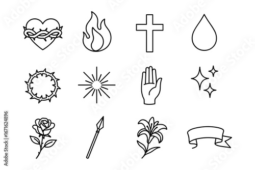 Minimalist religious and nature icons set in linear style