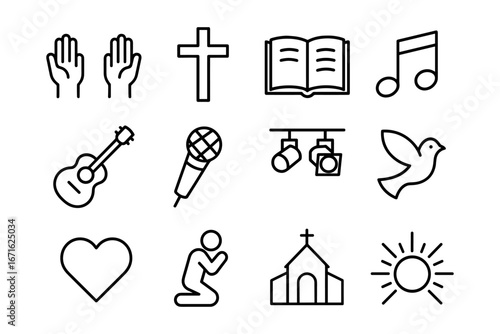 Minimalist linear religious and musical icons set for worship and celebration