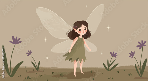 , keywords and category based on your instructions

 Fairy Girl Walking in Grassy Field with Flowers and Sparkling Stars