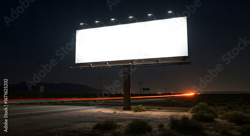 Blank billboard at night with car light trails in the background
