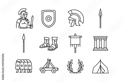 Ancient roman icons set featuring soldiers, weapons, and architecture in minimalist linear style