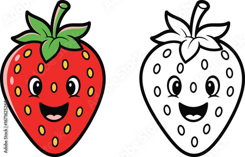 Cheerful Kawaii Strawberry Cartoon - Red Berry with Happy Face - Color and