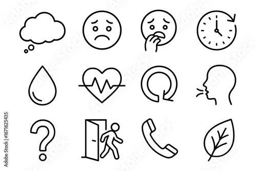 Simple linear icon set of emotions and everyday symbols