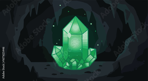 Crystal Glowing Profoundly Inside Dark Cave