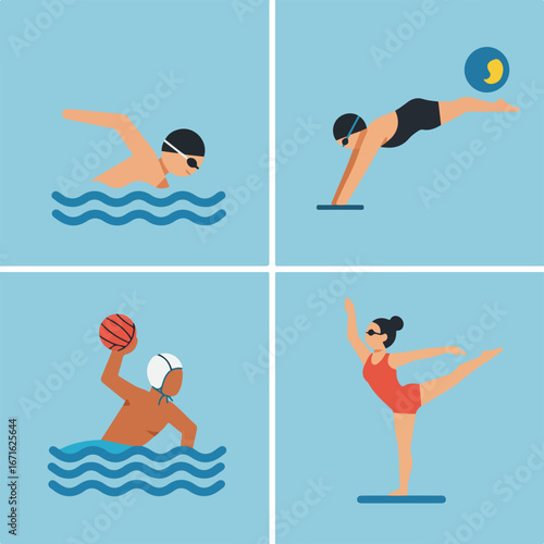 People Swimming, Diving, Playing Water Polo, Performing on Platform in Water