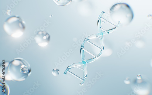 Konstfotografi Transparent DNA and water bubbles, 3d rendering.
