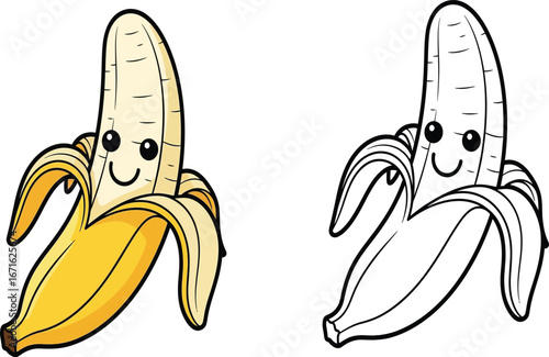 Peeled Kawaii Banana with Happy Face and Yellow Peel