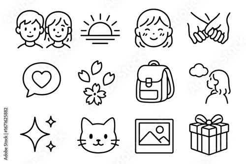 Charming hand drawn icons: people, nature, and everyday items