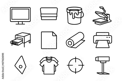 Screen printing icons: essential equipment and tools in clean line art style