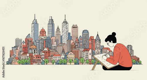 Sketching Skyline Artist Creates Cityscape Drawing Outdoors