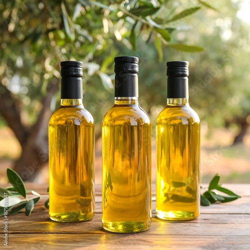 Three bottles of golden oil sit on a wooden table, with olive branches and trees in the background