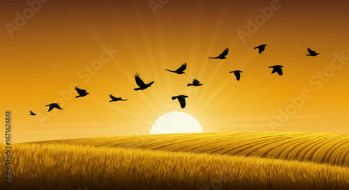 Birds soaring at sunset over a golden wheat field