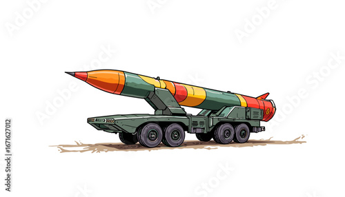 Military missile launcher truck with colorful rocket on trailer  