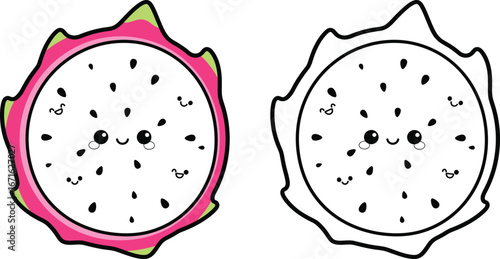 Cute Kawaii Dragon Fruit Illustration with Smiling Face and Seeds