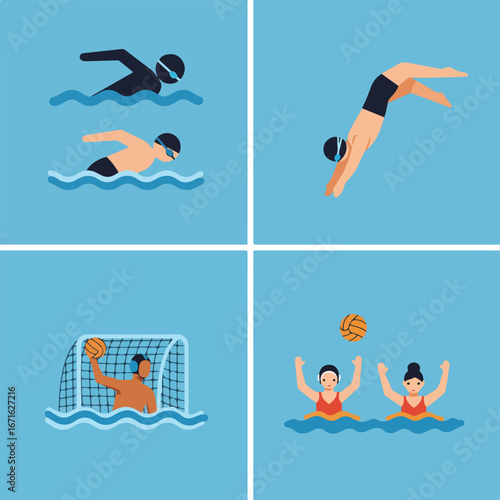Swimming, Diving, and Water Polo Game in Water