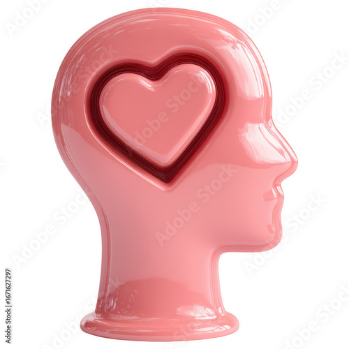 3D human head with heart inside the mind, symbolizing self-love, emotional awareness, and mental health on a transparent background.