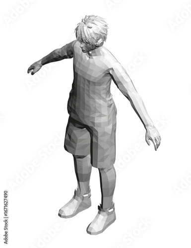 A boy wearing headphones stands with outstretched arms, rendered in a black and white low poly style against a clean white background.