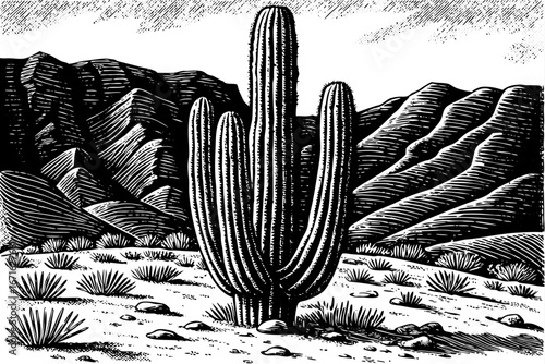Organ pipe cactus standing tall near rocky desert slopes, rare southwestern scenery filled with dramatic forms, black and white sketch