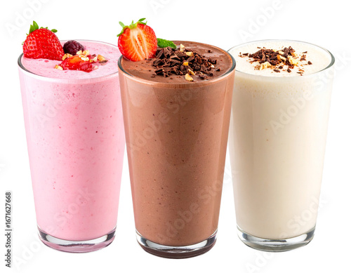 Set of Realistic Protein Shake Glasses with Different Flavors, Isolated