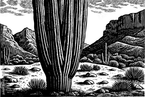 Organ pipe cactus standing tall near rocky desert slopes, rare southwestern scenery filled with dramatic forms, black and white sketch