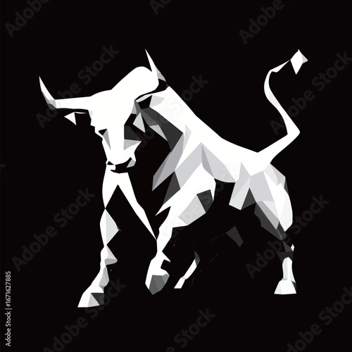 A striking geometric design of a white bull created using polygonal shapes stands boldly against a black backdrop. The artwork emphasizes strength and vigor in a modern style.