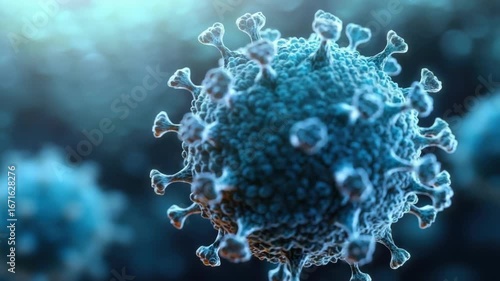Close-up of blue coronavirus molecule with spiky surface in soft focus. hMPV, Human metapneumovirus