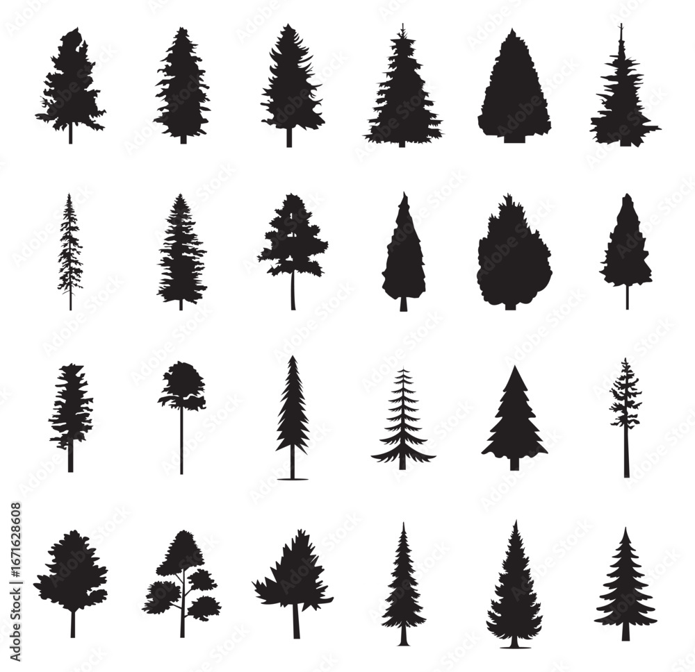Fototapeta premium Christmas Trees Pictogram Set, Pine Tree Silhouette. Pine tree silhouette set, fir tree vector, evergreen clipart, coniferous tree illustration, forest tree outlines, black tree icons . 