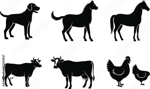 Animal farm silhouette vector collection featuring dog, horse, cow, and chicken illustrations perfect for livestock, agriculture, farming, rural, and countryside design projects