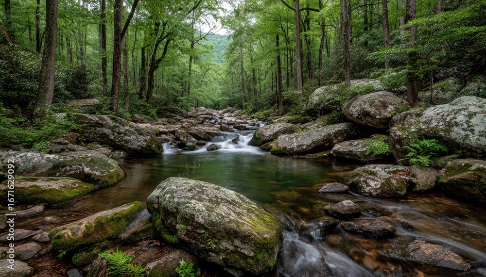 Obraz premium Quiet Stream Through Lush Green Forest