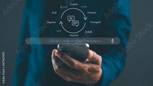 A person holds a smartphone displaying AI-based language translation options, highlighting multilingual communication and technology integration.