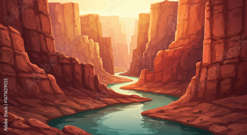 Scenic river flowing through majestic canyon at sunset
