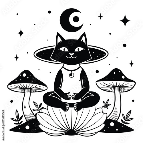 Black cat sitting in lotus position with moon and mushroom. Vector illustration.