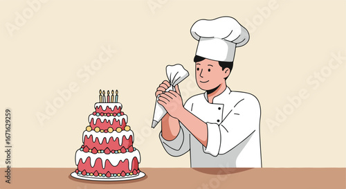 Chef Decorating Big Cake on Table