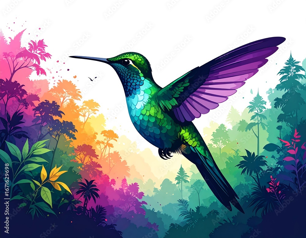 Obraz premium Vibrant hummingbird in flight, colorful rainforest backdrop