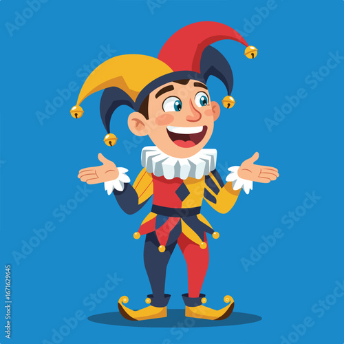 Smiling Jester Presenting on Solid Blue Background