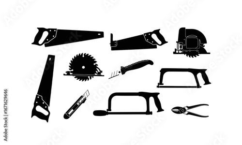 Collection of circular saw blades and cutting tools in silhouette style isolated on white background