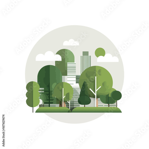 A lush urban park features diverse trees and greenery, contrasting with sleek skyscrapers in the background. This serene area offers a peaceful refuge in the bustling city.