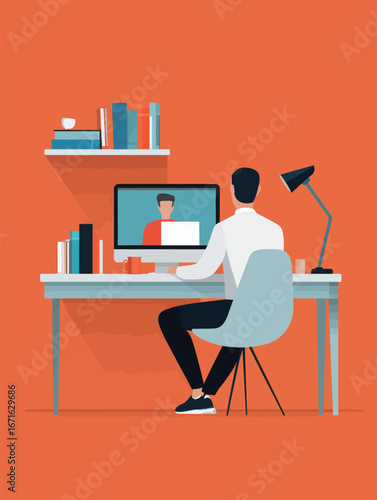 A person sits at a desk in a home office, engaging in a virtual meeting on a computer. Shelves filled with books and a lamp brighten the vibrant orange backdrop, creating a productive atmosphere.