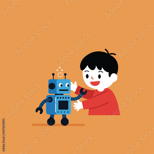 Kid Interacting with Robot Indoors