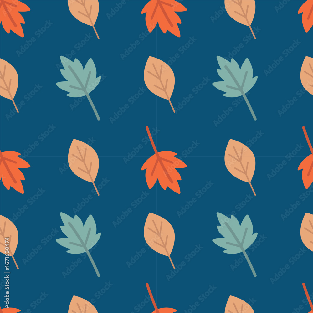 Obraz premium Autumn Leaves Seamless Seamless Pattern Vector Illustration. Colorful autumn leaves on a blue background. Perfect for seasonal designs, textiles, and backgrounds