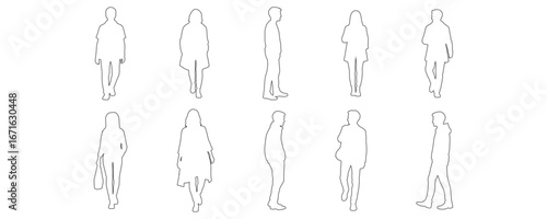 Architectural Drawings Hand drawn outline collection of people walking, standing, and interacting,  vector illustration, human person Minimal style