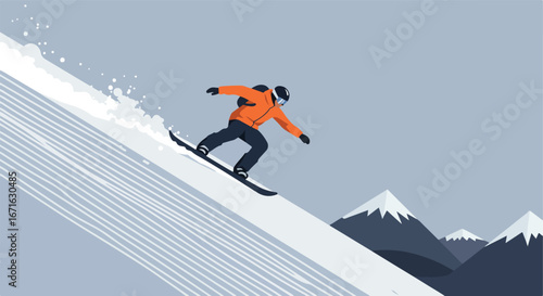 Snowboarder Riding Slope in Mountains Illustration