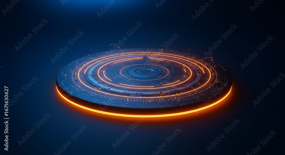 Fototapeta premium Futuristic circular platform with glowing orange and blue digital interface.