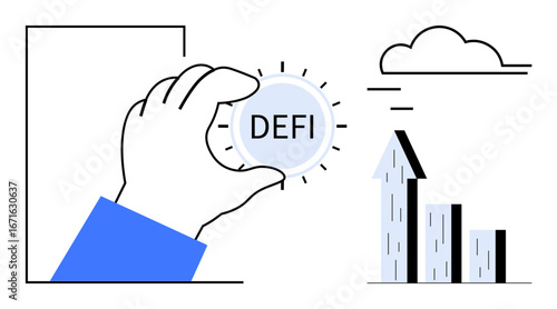 Human hand holds DeFi coin next to upward bar graph and cloud icon, signifying digital finance growth. Ideal for blockchain, cryptocurrency, finance, investment, fintech, analytics, simple landing