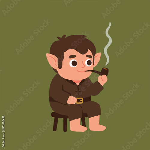 Cartoon Hobbit Smoking Pipe While Sitting on Wooden Stool