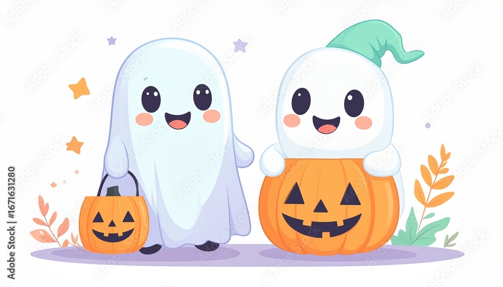 Fototapeta premium Two cute cartoon ghosts celebrating Halloween with pumpkins and stars, perfect for festive designs.