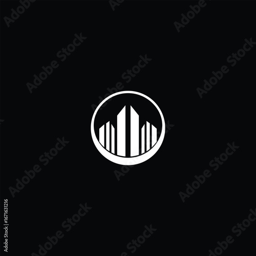 Minimalist vector logo design featuring abstract high-rise buildings inside a circular frame, symbolizing modern architecture, urban development, and real estate business identity.