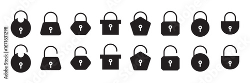 Lock and unlock icon set in circle and stroke style in black and white color in modern style. Lock icon collection. Locked and unlocked black stroke icon . set of locks icon of Silhouettes .  